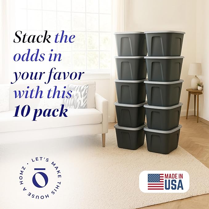 HOMZ 10-Pack Durable Molded Bin, Plastic Storage Containers w/Lids, 10 Gallon, Black/Gray - Stackable Organizer Totes and Boxes for Bedroom, Kitchen, and Garage Organization