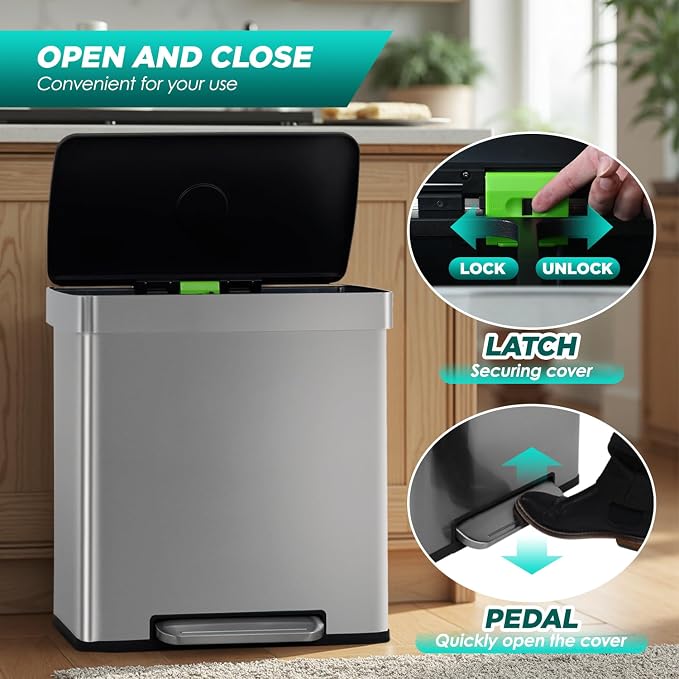 FDW 16 Gallon / 60 L Garbage Can Kitchen Trash Can with Lid for Office Bedroom Bathroom Step Trash Bin Fingerprint-Proof Brushed Stainless Steel 16 Gallon / 60 Liter - Image 4