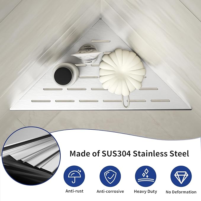 Corner Shower Shelf, 12" Brushed 304 Stainless Steel Slot Design Recessed Corner Shelves 2 Pack Bathroom Grout in Shelf for Tiled Wall, Large Size - Image 4