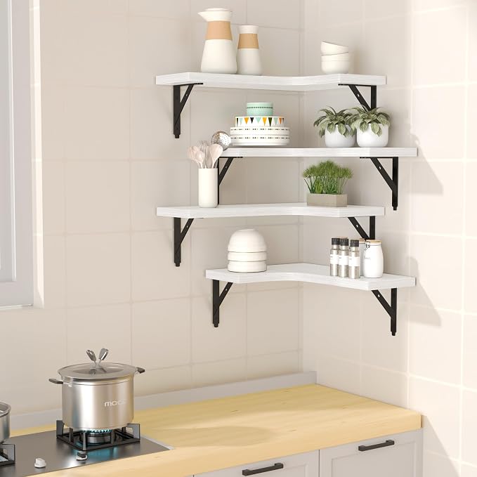 ROMGUAR CRAFT Corner Floating Shelves Wall Mounted Set of 4, Rustic Wood Storage Display Shelves for Home Decor, Bathroom, Kitchen, Bedroom, Living Room, Office (White) - Image 2