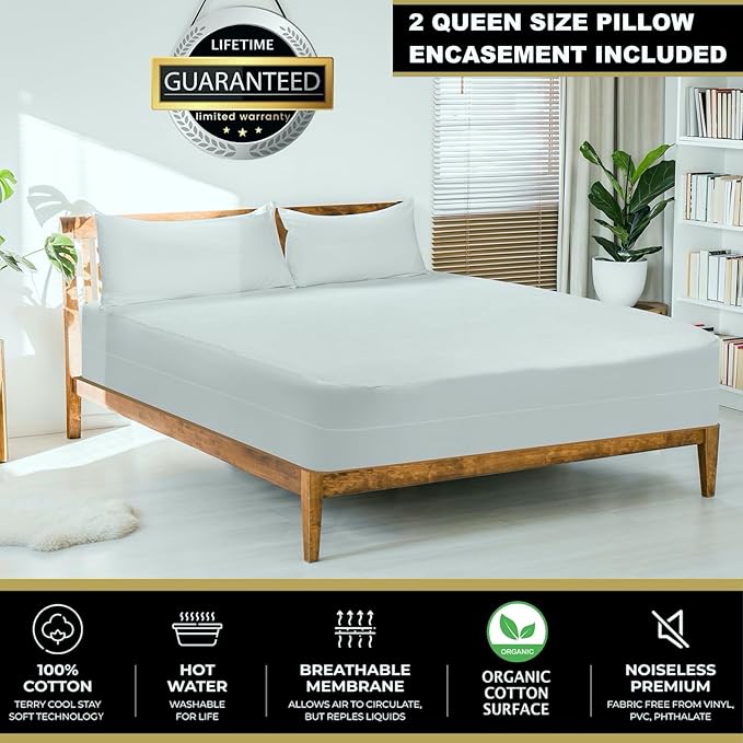 MATTSHIELD Ultimate Sensitive Skin 3-Piece Kit – Twin XL Size Bed Bug Mattress Protector + 2 Zippered Pillow Covers – Organic Cotton Terry Top – Waterproof 6-Sided Encasement, Soft & Breathable