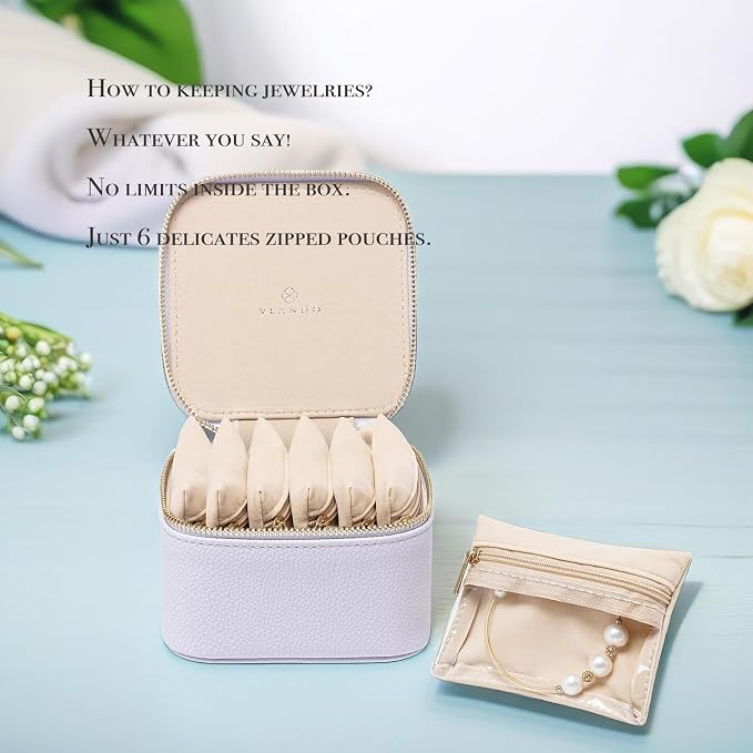 VLANDO Travel Jewelry Box Organizer – Portable PU Leather Jewelry Case with 6/8/12 Zippered Pouches, Compact Storage for Earrings Rings Necklaces Bracelets, Lilac Purple - Image 3