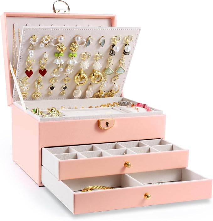 3-Layer Jewelry Box for Women, Jewelry Organizers and Storage with Removable Jewelry Tray, Vintage Quilted Top Lockable Jewelry Holder Gift Idea Pink by Unimoly