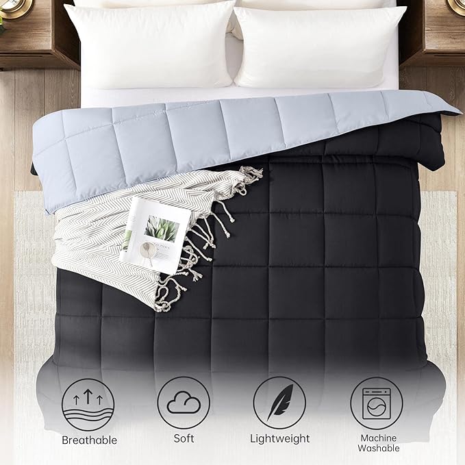 Homelike Moment Oversized Queen Comforter - Black Duvet Insert Down Alternative Bed Comforter, Lightweight Bedding Comforters Oversize Queen Quilted Soft All Season Reversible Black/Light Grey