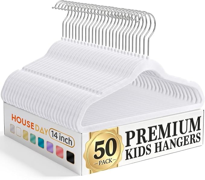 HOUSE DAY 14 Inch Kids Velvet Hangers 50 Pack, Durable Big Kids Hangers for Youth,Teen, Non Slip Kid Felt Hanger, Cute Childrens Hanger for Closet, White by HOUSEDAY