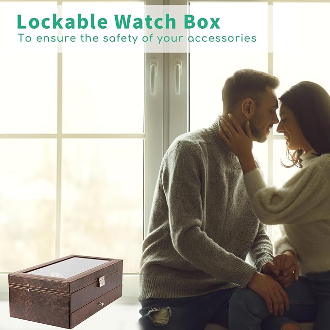 TomCare Watch Box 2-Tier Watch Case Jewelry Organizer Box with Thick Glass Lid Lockable Watch Organizer Jewelry Display Holder Sunglass Rings Necklaces Bracelets Storage Organizer for Men Women,Brown - Image 7