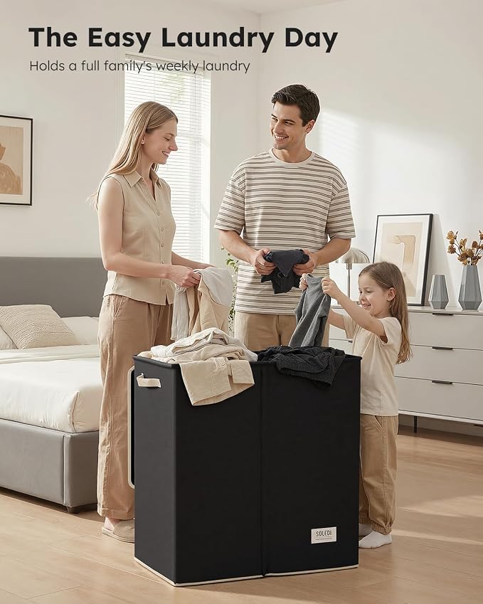 SOLEDI Large Double Laundry Hamper with Lid,165L Collapsible Clothes Hamper 2 section with Removable Bags, Space-Saving Laundry Basket for Bedroom, Dorm, College - Image 3