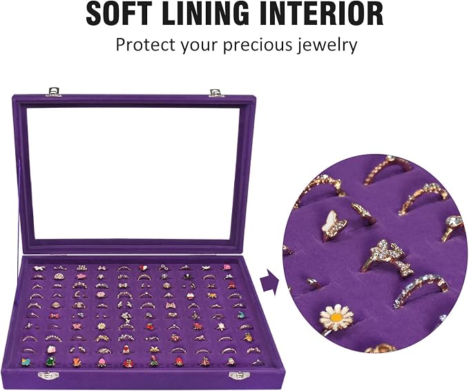 Vicoter Rings Organizer Tray 100 Slot Velvet Ring Earring Storage Box TranSparent Cover Jewelry Store Ring Display Box Jewelry Display Cabinet for Girl Wife Mother - Image 3