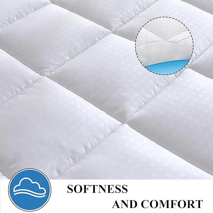 Quilted Fitted Mattress Pad, Quilted Fitted Premium Mattress Protector, Elastic Fitted Mattress Topper Protector and Cover Stretches up to 16 Inches Deep, Breathable, Machine Washable (White, Twin)