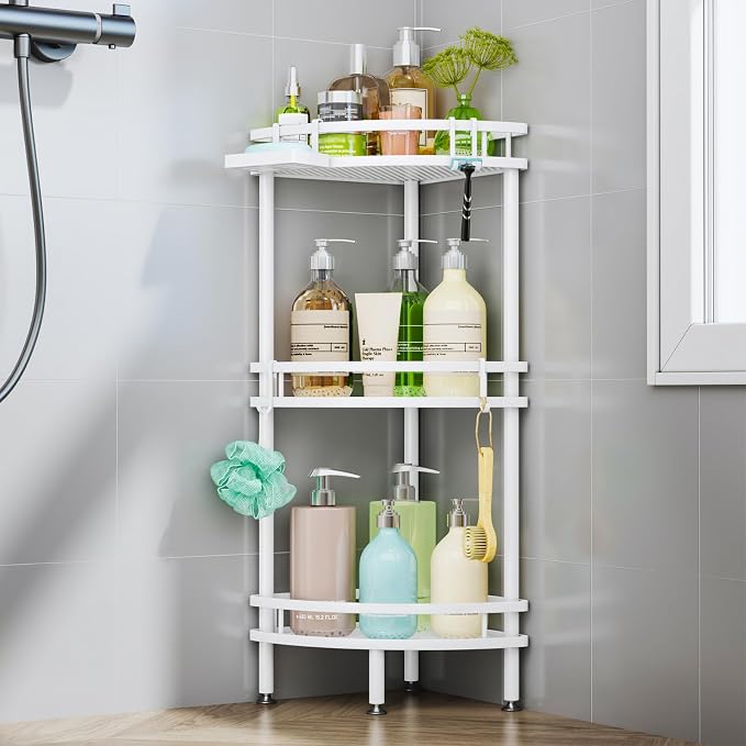 HapiRm Standing Corner Shower Caddy - 3 Tier Shower Organizer Corner with Soap Holder and 4 Hooks, Rustproof Bathroom Storage Shelves with Adhesives, White by HapiRm