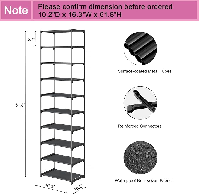 Autonomier 10 Tier Tall Shoe Rack, Non-Woven Fabrics Compact Narrow Shoe Stand Shelf, Vertical Small Space Saving Storage Organizer for Closet Floor, Front Door Entrance, Entryway, Black - Image 3