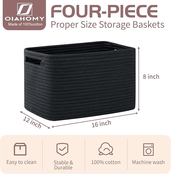 OIAHOMY 4 Pack Storage Baskets for Organizing, Cube Storage Bins for Shelves, Rectangle Storage Baskets With Handles, Woven Baskets for Storage, 16''Lx12''Wx8''H, Black - Image 2