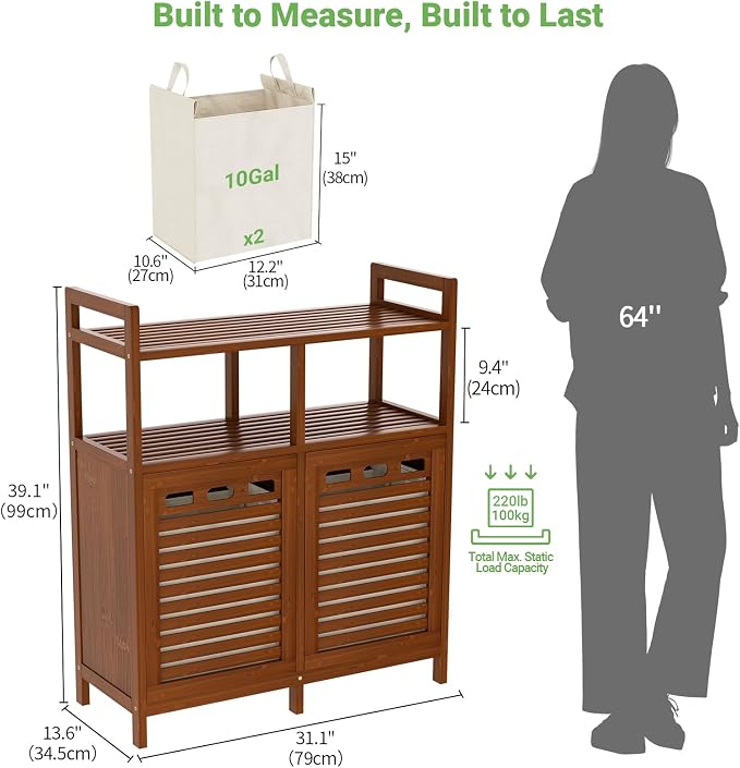 Homykic Tilt Out Laundry Hamper Cabinet, Bamboo Double Laundry Hamper with 2 Removable Laundry Baskets, 20 Gal Laundry Sorter Organizer with Shelf for Dirty Clothes, Bathroom, Laundry Room, Walnut - Image 7