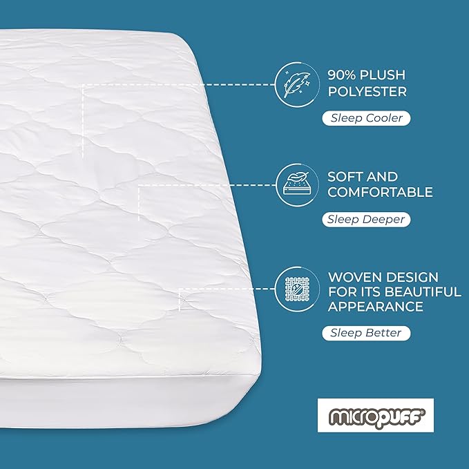 Micropuff Fitted Mattress Pad - Cot Size 33” (33" x 75") Mattress Pad - Soft and Comfortable Fitted Mattress Protector - Mattress Cover Stretches up 12 to 15 Inches Deep - Easy to Wash
