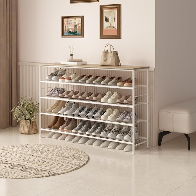 SUOERNUO Shoe Rack Organizer 5 Tier for Closet Entryway Free Standing Metal Storage Shoe Shelf with MDF Top Board (White+Oak, Large 5 Tier) - Image 2