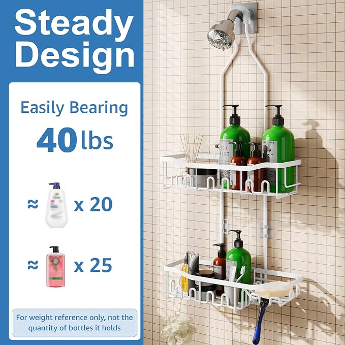 Upgraded Extended Length Shower Organizer with Hooks, Rustproof Shampoo Soap Holder, Large Hanging Bathroom Caddy - Image 5