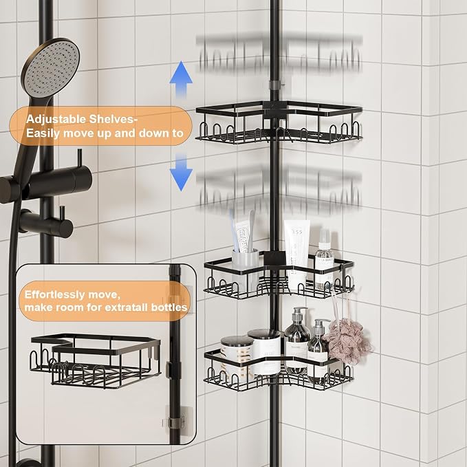 Corner Shower Caddy Tension Pole - 4-Tier Shower Corner Shelf for Bathtub Bathroom Shower Organizer - Adjustable 34in-120in, Space Saving Bathtub Accessory Shelves, Black - Image 3