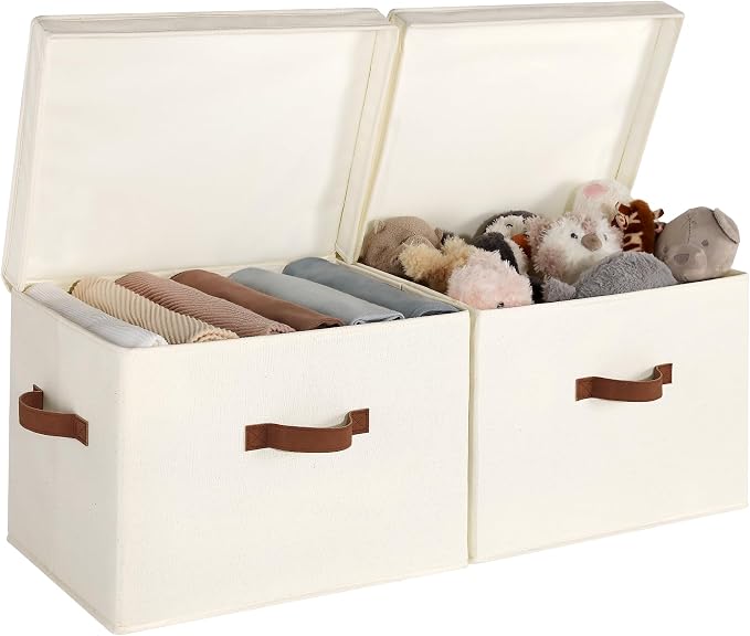 StorageWorks Fabric Storage Bins with Lid, Decorative Storage Boxes for Shelves, Stackable Closet Organizer Basket with Handles, Jumbo, Ivory White, 2-Pack by StorageWorks