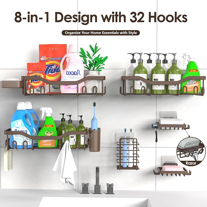 NESOMI Shower Caddy Adhesive Shower Organizer 8-Pack, Rustproof Stainless Steel Bathroom Shelves, Large Capacity No-Drill Rack Storage Accessories with Soap Dish Toothbrush Holder Hooks - Image 7