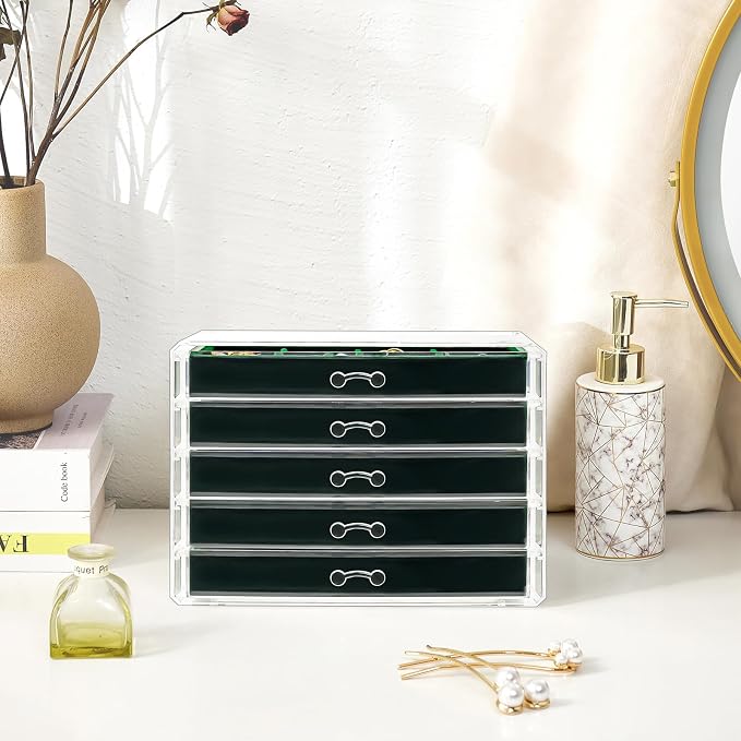ProCase Earring Holder Organizer Jewelry Box with 5 Drawers, Acrylic Clear Earring Case with Adjustable Velvet Trays for Women - Emerald, 5 Layers - Image 6