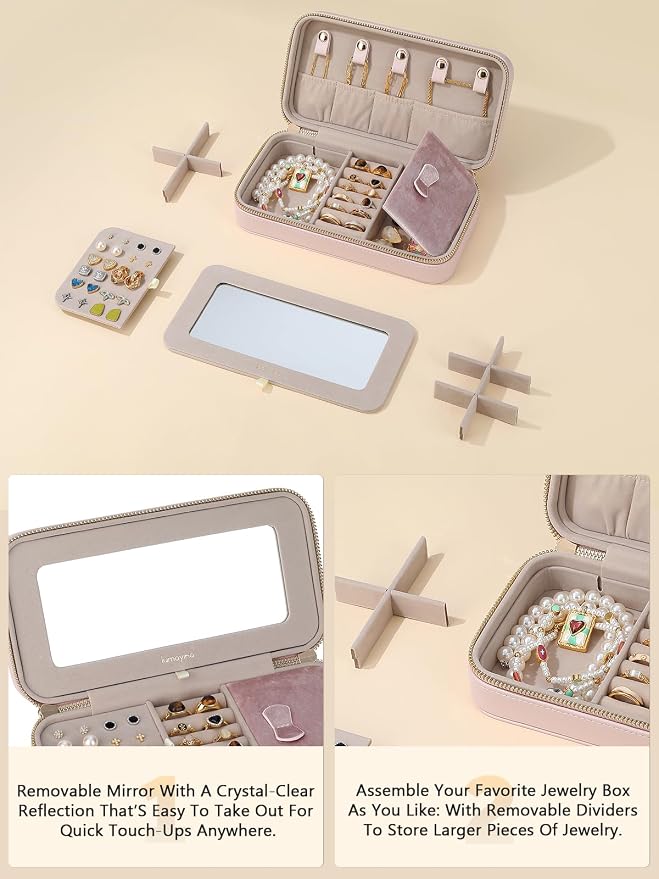 Travel Jewelry Case with Mirror, Quilted Small Jewelry Box Organizer for Women Girls, Portable Earring Necklace Bracelet Ring Holder Storage for Travel Weekend Trips (Blush Pink) - Image 4