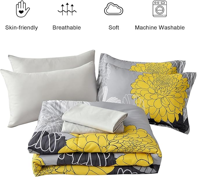 Yiran 7 Pieces Bed in a Bag Comforter Set Yellow Floral Comforter Flowers Soft Microfiber Bedding Set King Size (1 Comforter 1 Flat Sheet 1 Fitted Sheet 2 Pillowshams 2 Pillowcases)