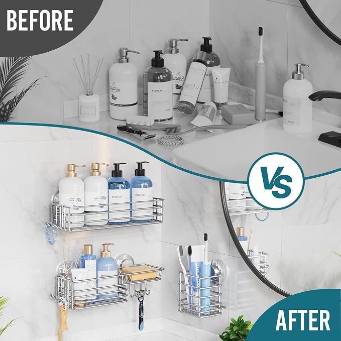 TAILI Shower Caddy Suction Cup, 3 Pack Shelves for Inside with Hooks & Soap Holder Toothbrush Cups, Removable Bathroom Organizer, Rustproof Silver Storage-Silver - Image 6