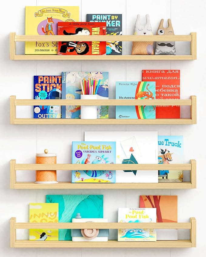 Forbena Natural Wood Nursery Bookshelves for Wall, 24 Inches Long Floating Book Shelves, Wall Mounted Bookcase for Baby Teen Girl Boy Kids Room Bedroom, Playroom Organizer, Bathroom Decor (4-Pack) by Forbena