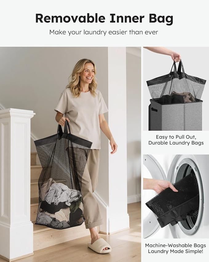 SOLEDI Laundry Hamper with Lid 130L Large & Tall Collapsible Laundry Basket, Clothes Hamper with Bag Removable Easy to Carry, Dirty Hampers for Bedroom, Bathroom, Dorm, College, Grey - Image 4