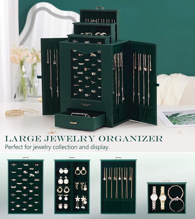 Homde Jewelry Organizer with Transparent Window Necklace Hooks Gift for Women Jewelry Box Display Case for Necklaces Rings Earrings Bracelets and Other Accessories (Forest Green) - Image 5