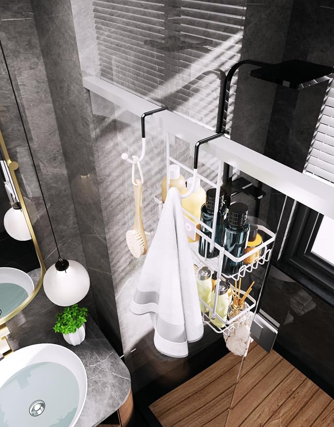 HapiRm Hanging Shower Caddy Over the Door with Soap Holder, No Drilling Adhesive Shower Organizer with 11 Hooks, Rustproof & Waterproof 304 Stainless Steel Bathroom Shelves - White - Image 5