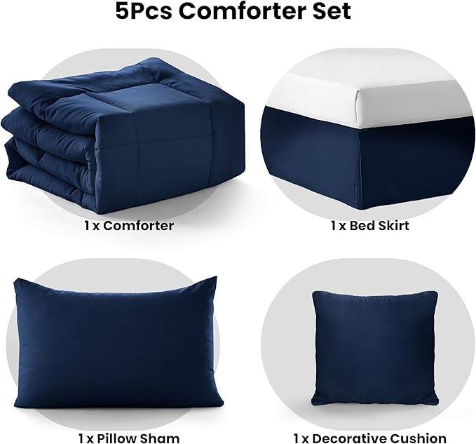 LUX Décor 4pc Twin Comforter Set, All-in-One Bed in a Bag, Includes 1 Comforter, 1 Pillow Shams, 1 Decorative Pillow & 1 Bed Skirt (Navy Blue, Twin)