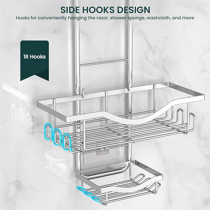 Shower Caddy Hanging Adjustable Shower Caddy, Rustproof Shower Organizer Extended Length Showers Caddy Over Shower Head with Hooks Soap Holder, Large Capacity Anti-Swing Bathroom Organizer, Silver - Image 9