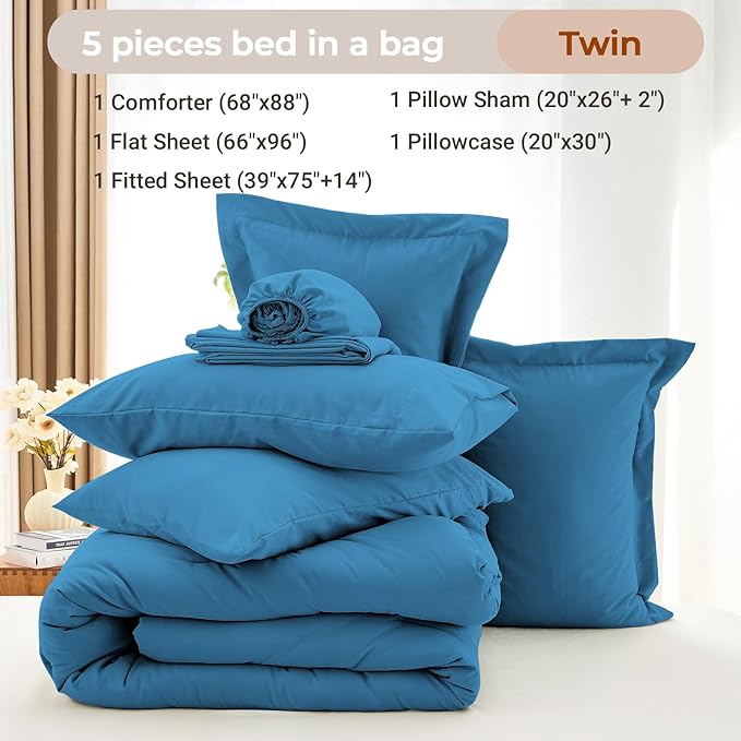 MUXHOMO 5 Pieces Twin Comforter Set, Soft Bed in a Bag Twin Size, All Season Bedding Set with Comforter, Flat Sheet, Fitted Sheet, Pillowcases & Shams, Bluish Green
