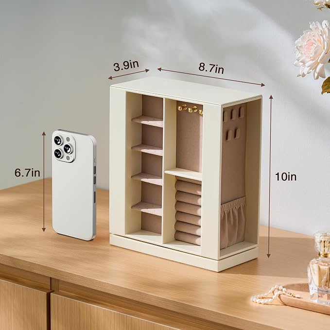 Jewelry Box Organizer for Women: 360 Rotating Vertical Storage Case, Ivory Leather with Pink Velvet, Ring Necklace Bracelet Holder, Gift Decor, 10 x 8.7 x 3.9 in - Image 9
