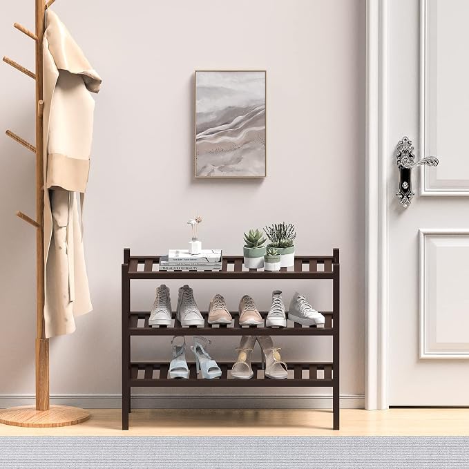 ROMGUAR CRAFT 3 Tier (Thick) Bamboo Shoe Rack for Closet Free Standing Wood Shoe Shelf for Entryway Small Space Stackable 27"x12"x21" (Black Brown) - Image 2