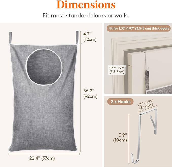 Lifewit 2 Pack Over Door Laundry Hamper, Large Collapsible Hanging Laundry Hamper, Hanging Laundry Basket Bag for Bathroom Bedroom Dirty Clothes Storage Organizer, Light Gray - Image 2