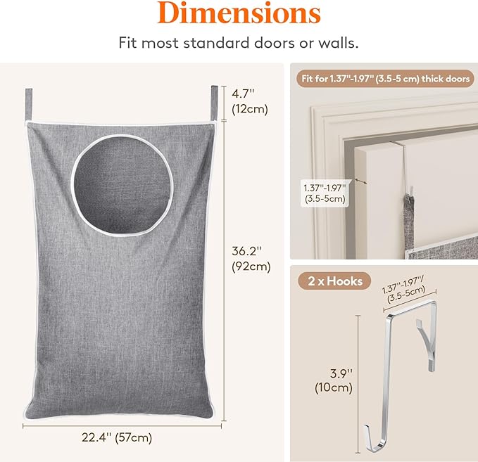 Lifewit 1 Pack Over Door Laundry Hamper, Large Collapsible Hanging Laundry Hamper, Hanging Laundry Basket Bag for Bathroom Bedroom Dirty Clothes Storage Organizer, Light Gray - Image 2