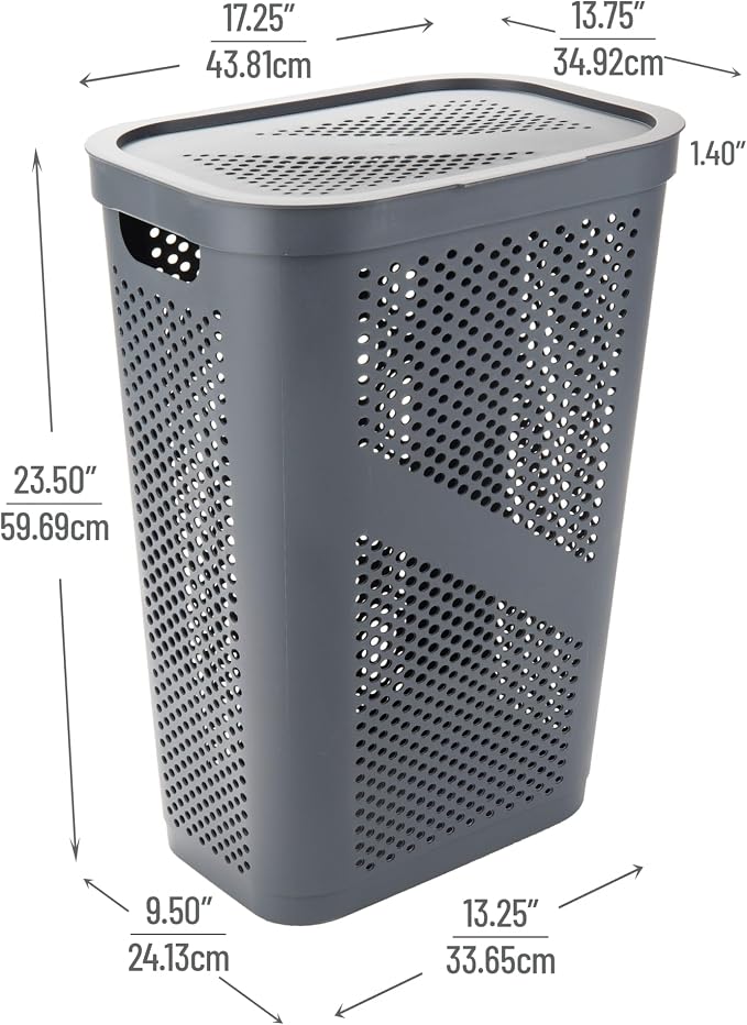 Mind Reader 60L Slim Laundry Hamper, Clothes Basket, Lid, Ventilated, Plastic, Set of 2, Gray - Image 3