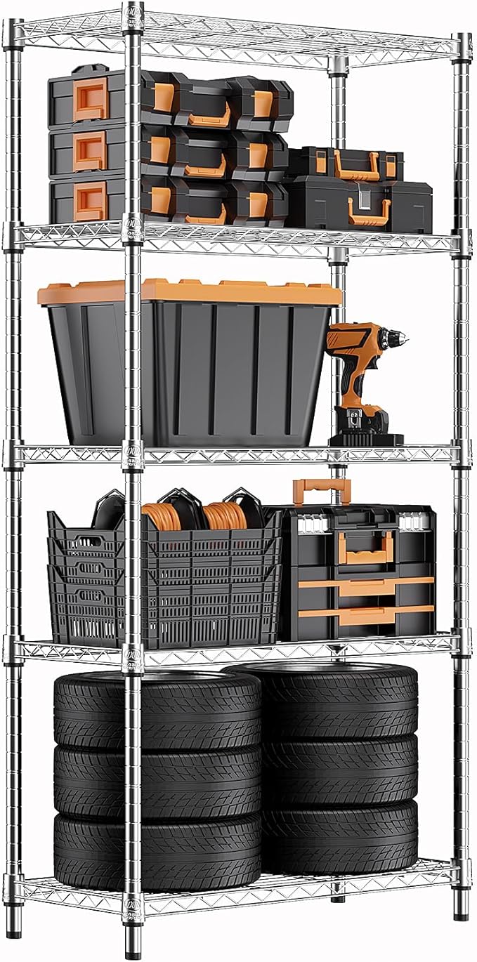 M MZG 1250 lbs Steel Heavy Duty 5-Tier Utility Shelving Unit Steel Organizer Wire Rack for Home,Kitchen,Office,Chrome (13.7" D x 23.6" W x 62.4" H) by MEIGAOPLASTICANDMETALHKCOLIMITED