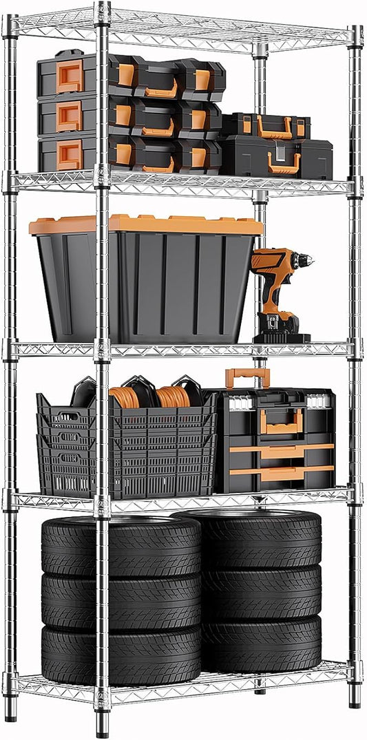 M MZG 1250 lbs Steel Heavy Duty 5-Tier Utility Shelving Unit Steel Organizer Wire Rack for Home,Kitchen,Office,Chrome (13.7" D x 23.6" W x 62.4" H) by MEIGAOPLASTICANDMETALHKCOLIMITED