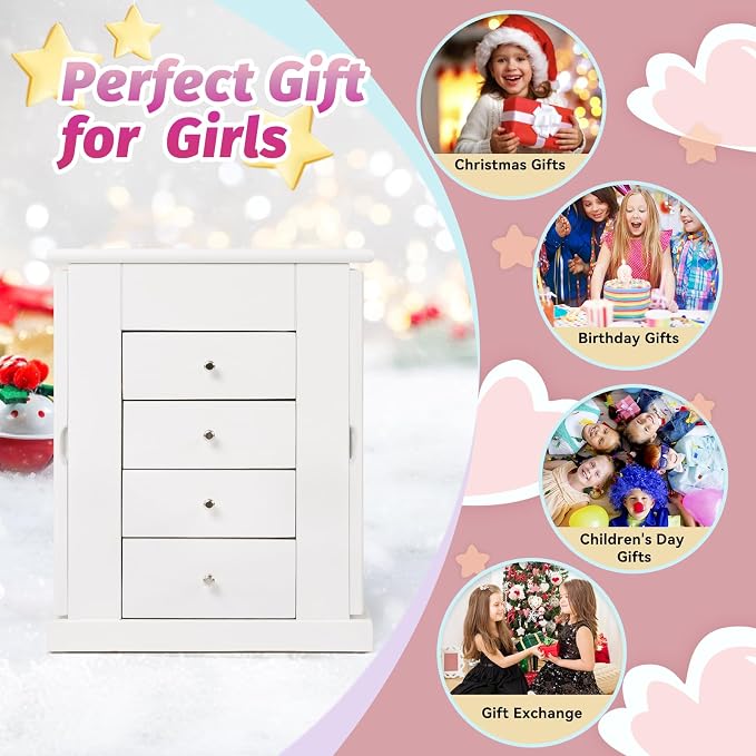 Emfogo Jewelry Box for Girls, Musical Jewelry Box with Spinning Dancer Gifts for Little Girls Christmas New Year Birthday Children's Day, 5 Layer Large Wooden Kids Music Jewelry Organizer Box(White) - Image 4