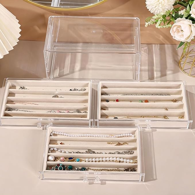 CLUQMEIK Necklace Organizer Box with Clear Lid, Dustproof Velvet Jewelry Holder Storage Display Case, Stackable Acrylic Necklace Tray Drawer Insert for Women and Girls (Beige,3 Drawers) - Image 4