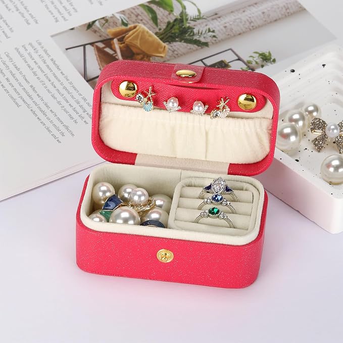 KUKUVR Small Travel Jewelry Box, Mini Jewelry Holder for Multiple Rings Necklace Earrings Lipstick, Portable Jewelry Storage Organizer Case with Removable Ring Slot (RED) - Image 3