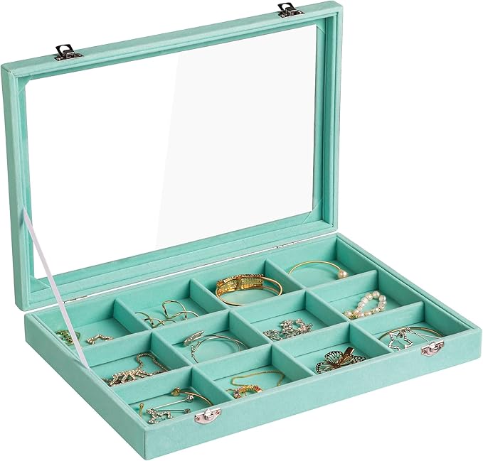 Frebeauty Velvet Jewelry Tray,12 Grid Jewelry Organizer with Clear Lid,Bracelets Holder,Jewelry Display Case with Clasp,Drawer Insert Bangle Brooch,13.8 x 9.5 x 2 Inches,Gift for Women Girl(Turquoise) by Frebeauty
