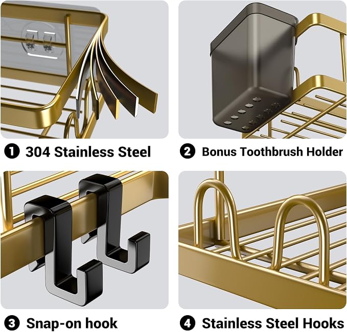 AKTECKE Corner Shower Caddy Organizer Shelf: 2Pack Adhesive Shower Rack, No Drilling Stainless Steel Shower Storage Shelves for Bathroom Kitchen (Gold) - Image 4