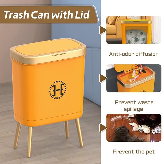 Procade Bedroom Trash Can with Lid,Slim Bathroom Trash Cans with Lids, Dog Proof Trash Bin with Press Top Lid,Modern Gold Trash Can Plastic Waste Basket for Living Room, Office,Kitchen, 4 Gal-Orange - Image 2