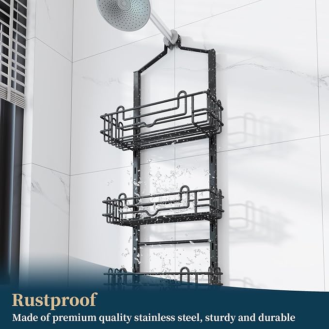 Consumest Shower Caddy Hanging – Rustproof Over Shower Head Hanger with Soap Holder and Hooks, Anti-Slip Shower Shelves for Storage, Bathroom Organizer for Apartment, Dorm, Black - Image 5