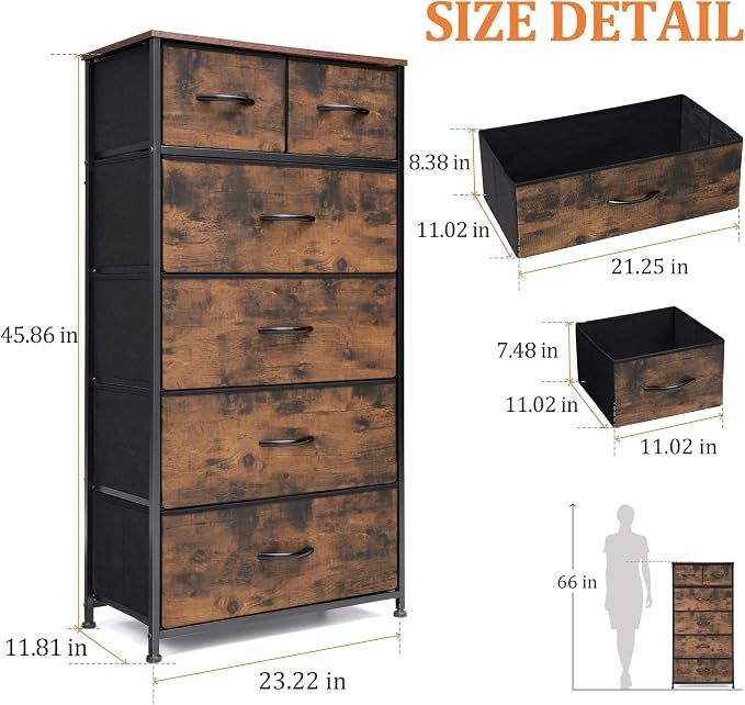 Fabric Dresser for Bedroom, Tall Skinny Dresser with 6 Drawers, Storage Organizer Tower, Steel Frame Wooden Top for Closet, Living Room, Hallway(Rustic Brown) - Image 3