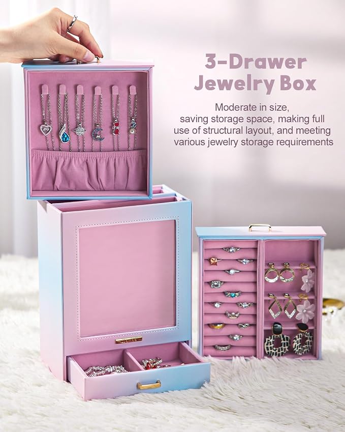 Homde Jewelry Organizer Girls Women Jewelry Box for Necklaces Rings Earrings Gift Bracelets Storage Case (Blue - Pink Gradient + Gold) - Image 9